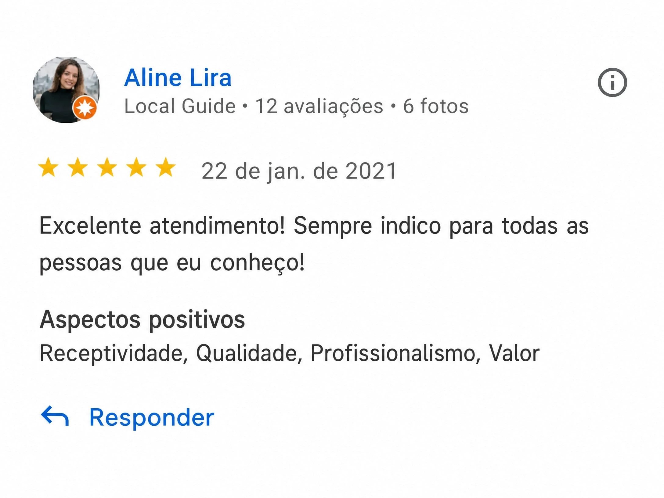Avaliação 5 estrelas no Google de Aline Lira sobre a Total Assistência em Brasília