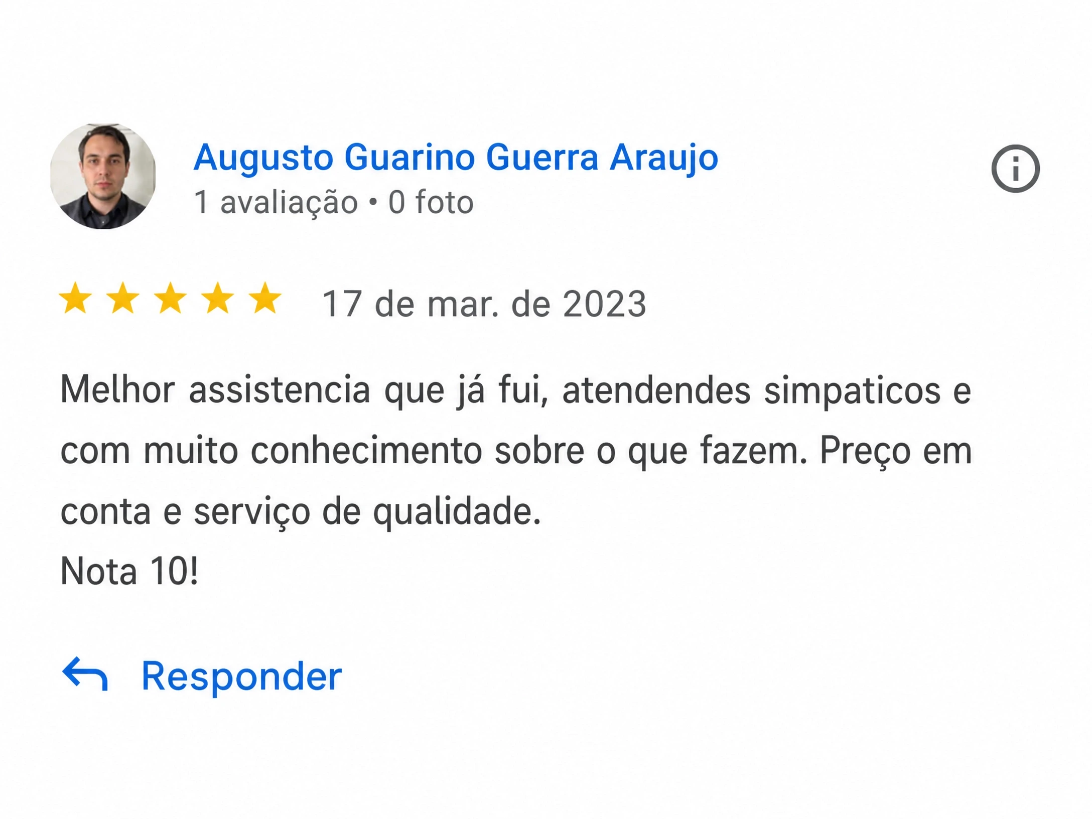 Avaliação 5 estrelas no Google de Augusto Guarino sobre a Total Assistência em Brasília
